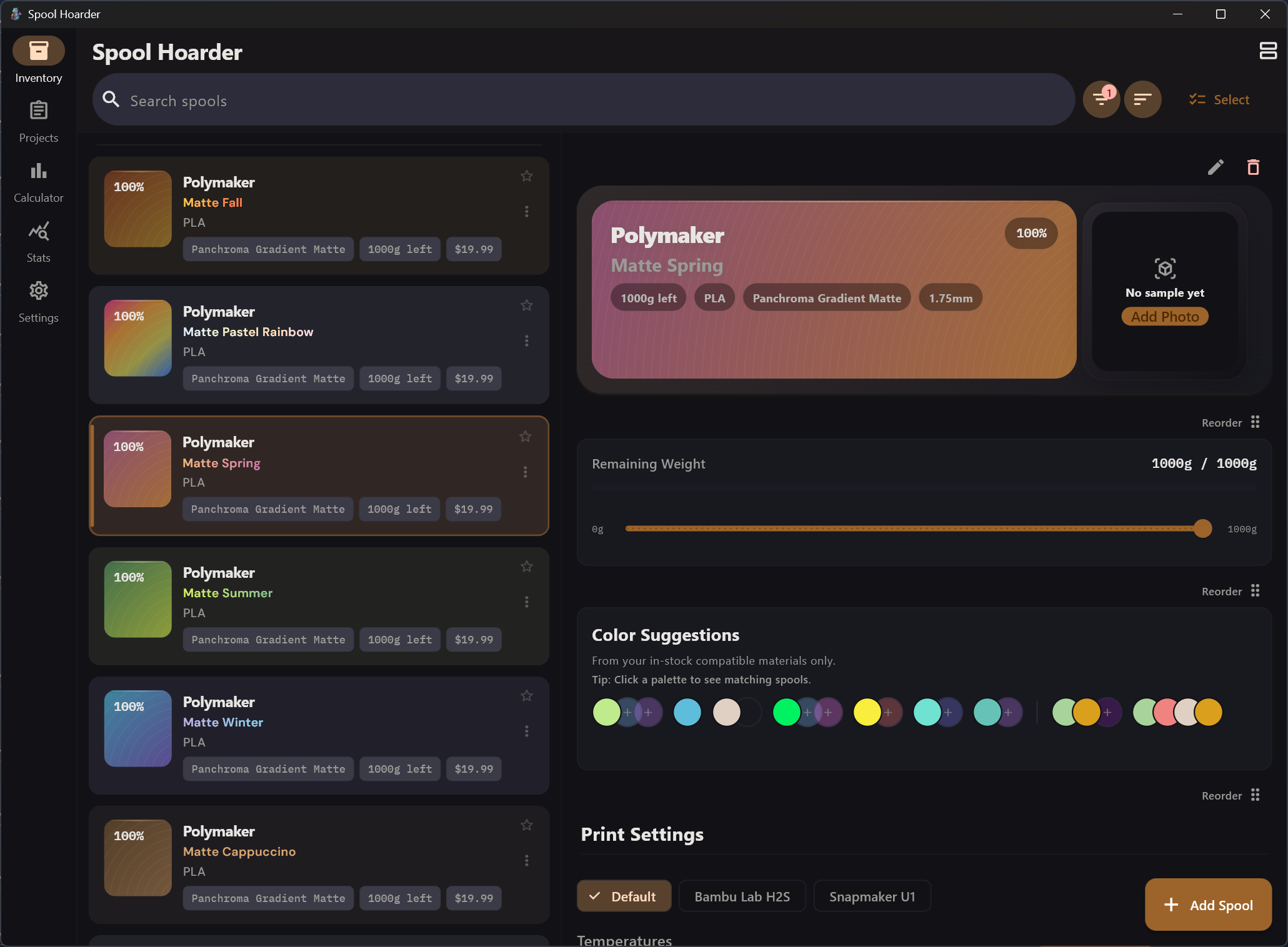 Spool Hoarder app — inventory view showing filament collection with color suggestions